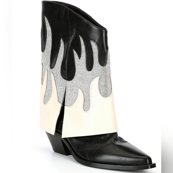 Gianni Bini ConleyTwo Western Rhinestone Flame Foldover Boot in Black Silver Sz6 - Picture 2 of 16